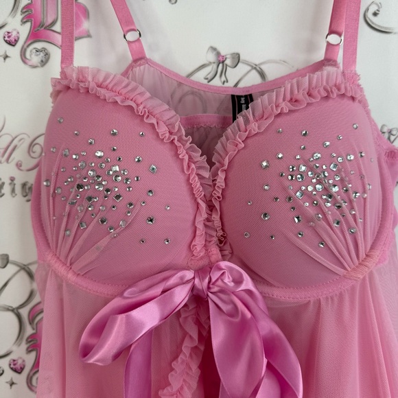 Victoria's Secret sexy little things Pink Rhinestone-Babydoll Chemise Satin Bow - Picture 7 of 15